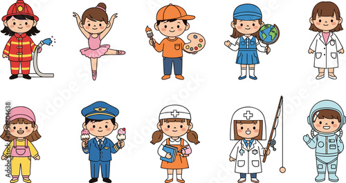 Kids professions collection children in different careers costumes vector illustration set