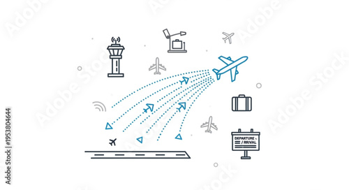 Airport Scene Illustration - Airplanes Taking Off and Airport Elements.