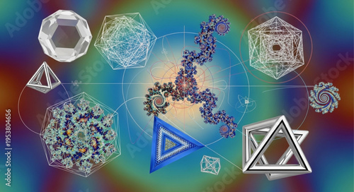 Geometric Shapes Floating in a Colorful Abstract Space.