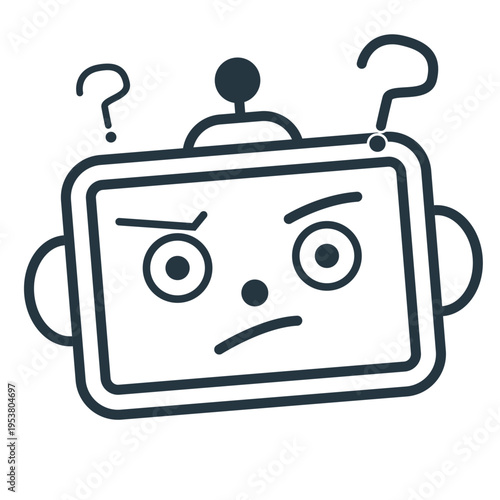 Robot character asking a question, artificial intelligence error or doubt