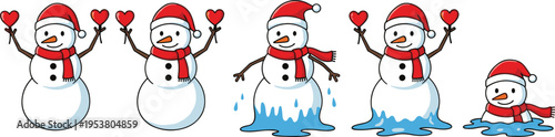 Melting snowman stages cute winter character transformation vector illustration set