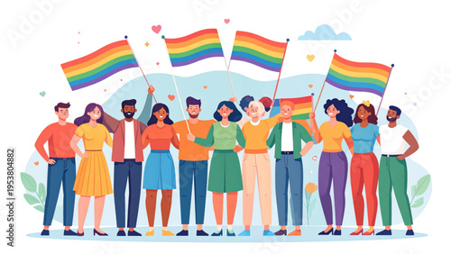 Diverse group of people holding rainbow flags celebrating LGBTQ pride, inclusive vector illustration promoting unity, acceptance, and equality