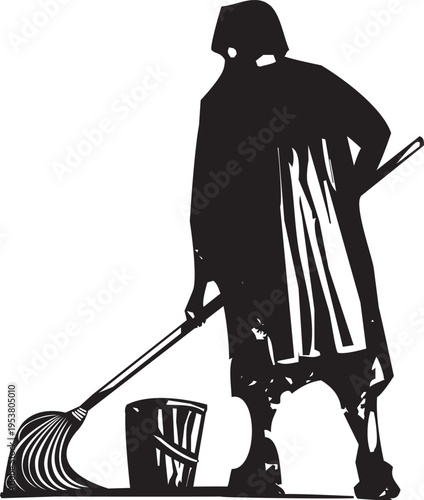 Woodcut style image of an old scrub woman mopping the floor