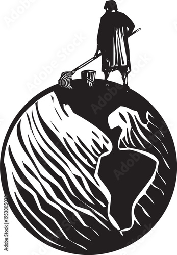 Woodcut style image of a scrub woman on the globe of the earth
