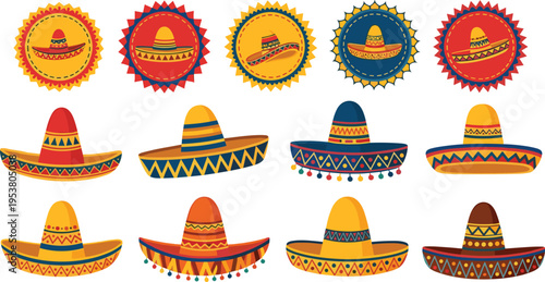 Mexican sombrero hats collection with traditional patterns colorful fiesta accessories isolated flat vector illustration cultural design set