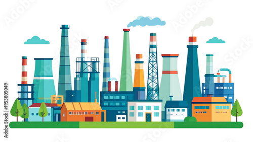 Colorful industrial factory landscape with smokestacks, silos, and warehouses, whimsical vector illustration representing manufacturing, urbanization, and environment