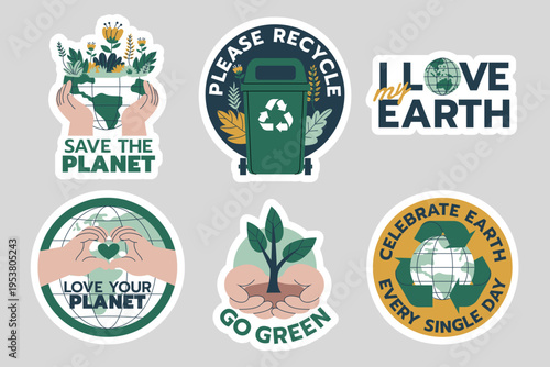 Eco Stickers Set with Recycling and Save the Planet Messages