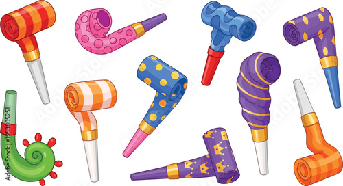 Party blowers and noisemakers colorful festive celebration whistles vector illustration set