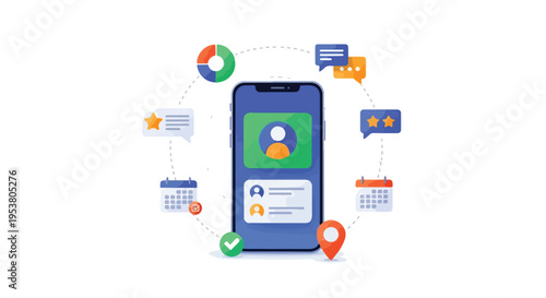 Flat 2D illustration of a strong customer relationship concept with a smartphone surrounded by various icons on a white background.