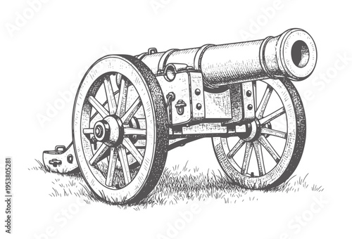 Black and white etching of a vintage field cannon with wooden wheels artillery military