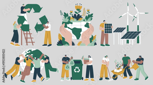 Protect the Planet Flat Illustration Set with Sustainability and Recycling Concepts