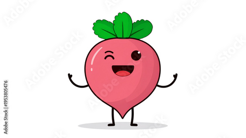 Cute cartoon radish vegetable character with happy winking face and hands up isolated on white background for healthy food design and kids nutrition.