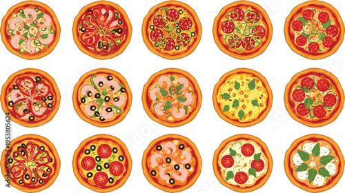 Pizza collection top view various toppings Italian food vector illustration set