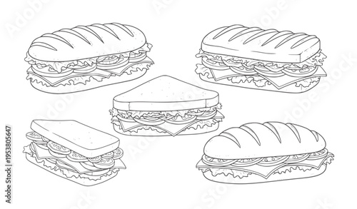 Black and white line of various layered sandwiches different bread types baguette