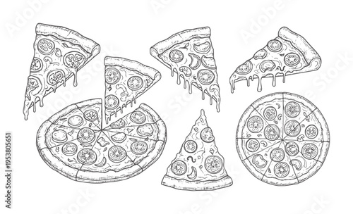 Black and white line of various pizza slices and whole pizzas pepperoni toppings