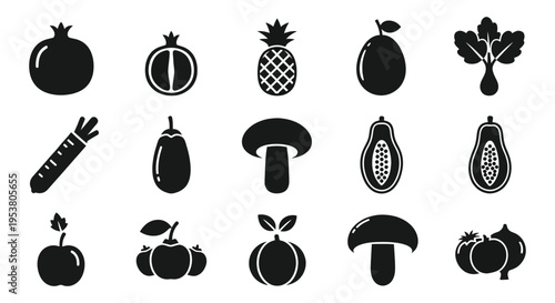 A comprehensive collection of diverse fruit and vegetable vector graphic icons for healthy food design.