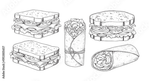 Black and white line of various sandwiches and wraps with fillings lettuce bread