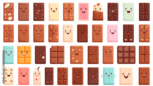 Whimsical cartoon chocolate bars with smiling faces, colorful coatings, and playful poses, fun vector illustration for food and character design