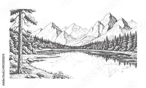 Black and white of serene mountain lake surrounded by pine forest mountains pines