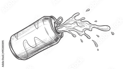 Black and white of tilted spray can emitting liquid splatter aerosol
