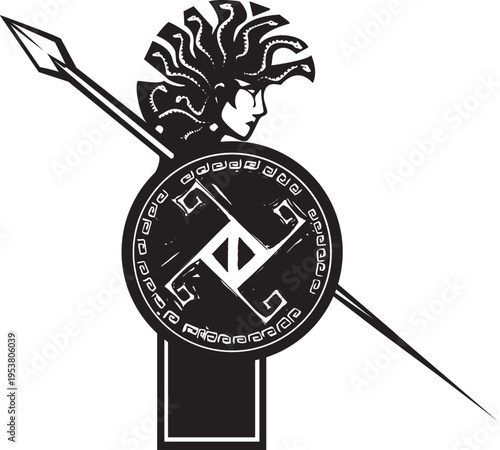 Woodcut style Greek myth medusa with a snake Mohawk 