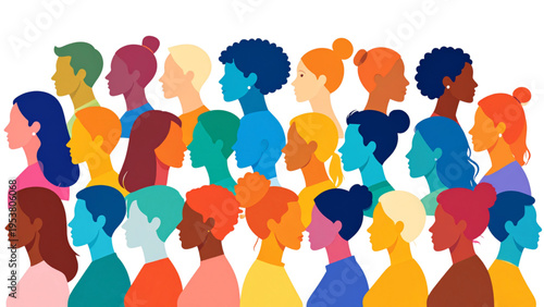 Vibrant side‑profile silhouettes of diverse people arranged in rows, colorful vector illustration symbolizing unity, inclusion, and human diversity