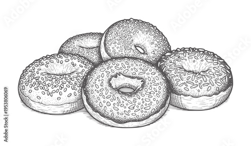 Four sesame seed bagels in monochrome etching style seeds black