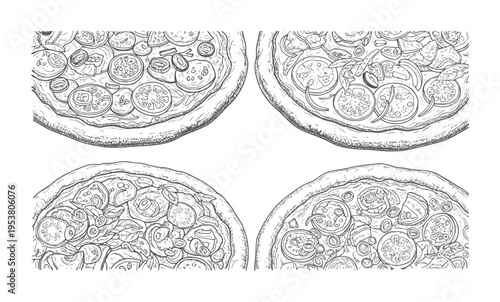 Four black and white of vegetable topped pizzas tomatoes onions peppers olives