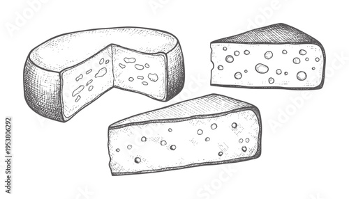 Sketched Swiss cheese wheel and slices with holes showing texture detail