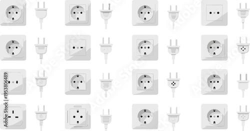 Set of electrical plugs and sockets with different international standards isolated on white background flat vector illustration collection