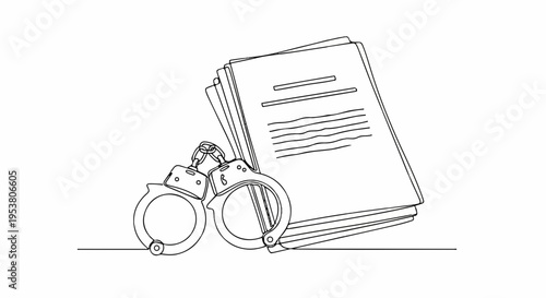Handcuffs and legal documents on a table in a law enforcement or crime scene context with paperwork