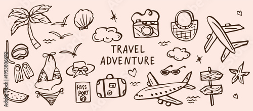 Travel and adventure doodle map set, hand drawn vacation exploration icons, world travel sketches collection, suitcase and airplane vector graphics, adventure travel elements for design, wanderlust li
