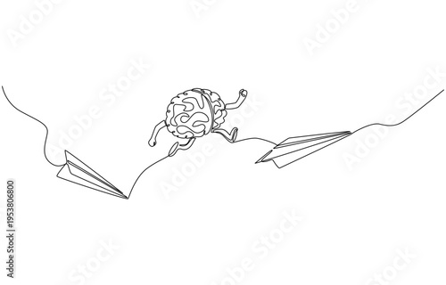 Continuous one line of brain-like character jumping from falling origami airplane onto airplane soaring into sky, symbolizing ability to quickly seize better opportunity, single line art