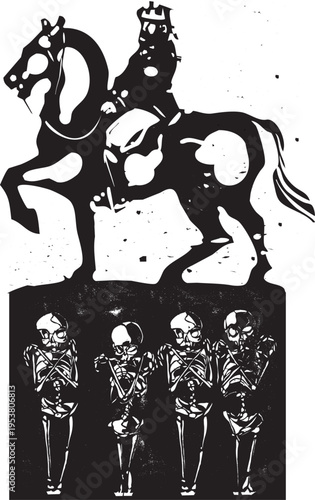 Woodcut style expressionistic image of a mounted king riding over human graves 