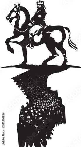 Woodcut style expressionist image of a mas of subjects around a giant statue of mounted king