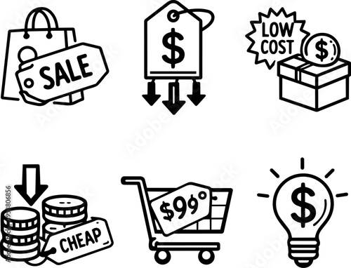 Line icons set of discount pricing sale shopping and cheap
