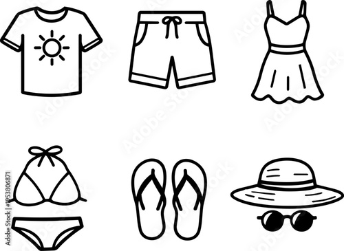 Line icons set of summer clothing swimwear sunglasses and accessories. Vector