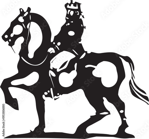 Woodcut style mounted king on a horse