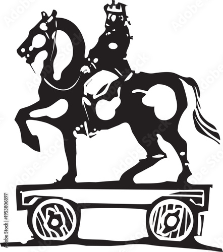 Woodcut style image of a childs toy of king on horseback on a wheel cart