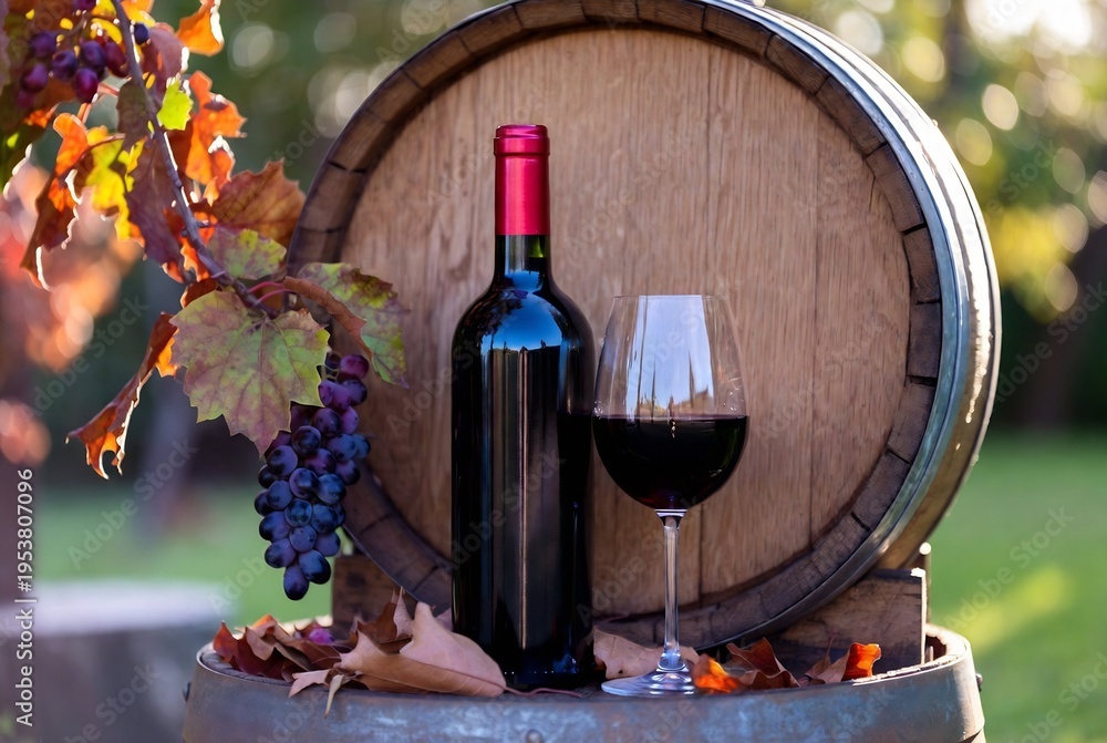 Obraz premium A bottle of red wine is presented with a glass, alongside grapes and autumn leaves on a wooden barrel. It’s a vineyard scene.