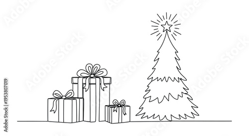 Simple black line art vector graphic illustration of a decorated Christmas tree with presents.