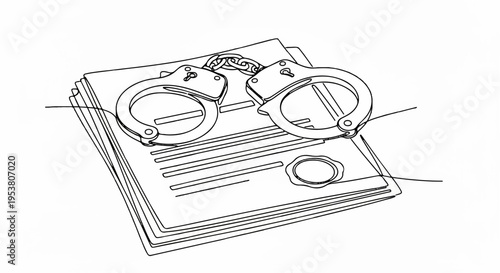 Handcuffs on top of a stack of documents and a notepad symbolizing law enforcement and justice paperwork