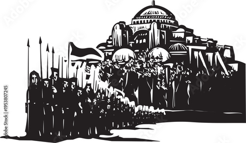Woodcut expressionist style image of a byzantine church with an Army emerging from it.
