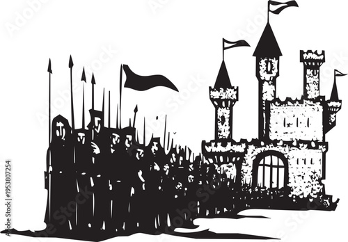 Woodcut expressionist style image of a castle with an Army emerging from it.