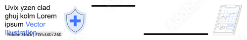 Health insurance, cybersecurity, data analysis, medical protection, healthcare security, safety standards. A shield with a medical cross and a clipboard with a chart. Health insurance