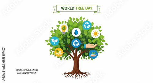World tree day eco friendly icons on tree roots and leaves green background
