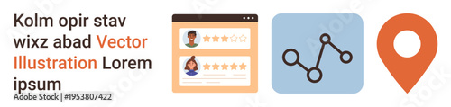 Feedback systems, data analysis, reviews tracking, location mapping, customer insights, digital navigation. User reviews on a screen, connected dots graph location pin. Feedback systems and data