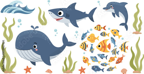 Cute Cartoon Ocean Animals Including Whale, Shark, Dolphin, Fish, Starfish, and Coral with Underwater Plants and Waves
