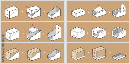 Shelf-ready packaging opening instructions. Easily explains effectiveness to both retail staff and consumers. The outline icons are well scalable and editable. EPS10.