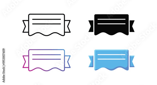 Collection of award ribbon banner certificate icons presented in four distinct graphic styles